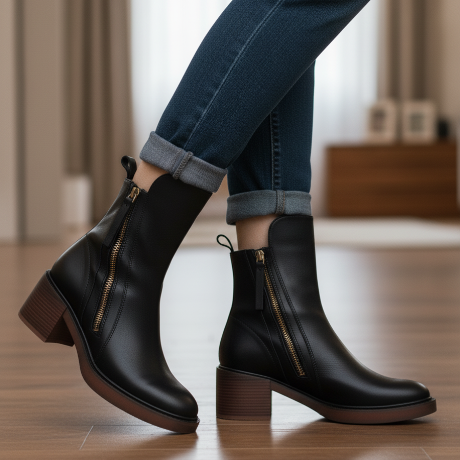 Corinne™ | Bottines noires en cuir à talon confort, élégantes et intemporelles